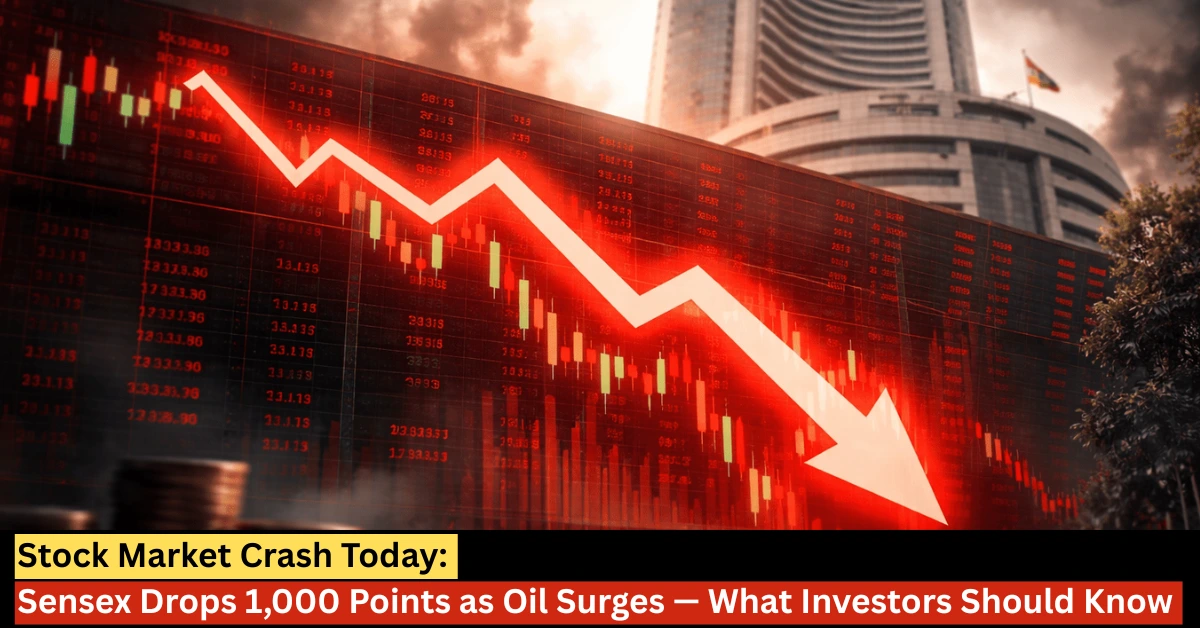 Sensex crash today chart showing 1000 point fall as crude oil prices surge above $100