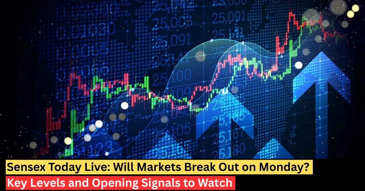 Stock market candlestick chart with upward arrows showing bullish momentum ahead of Monday’s Sensex opening