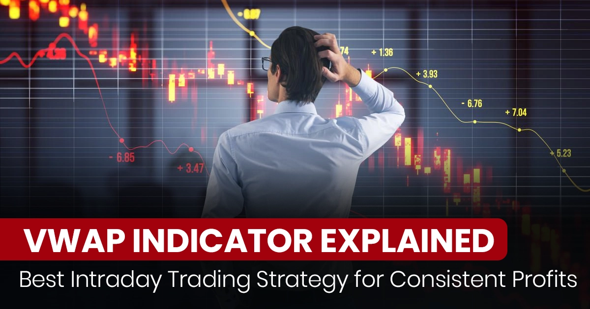 VWAP indicator intraday trading chart showing price above and below VWAP line with volume analysis