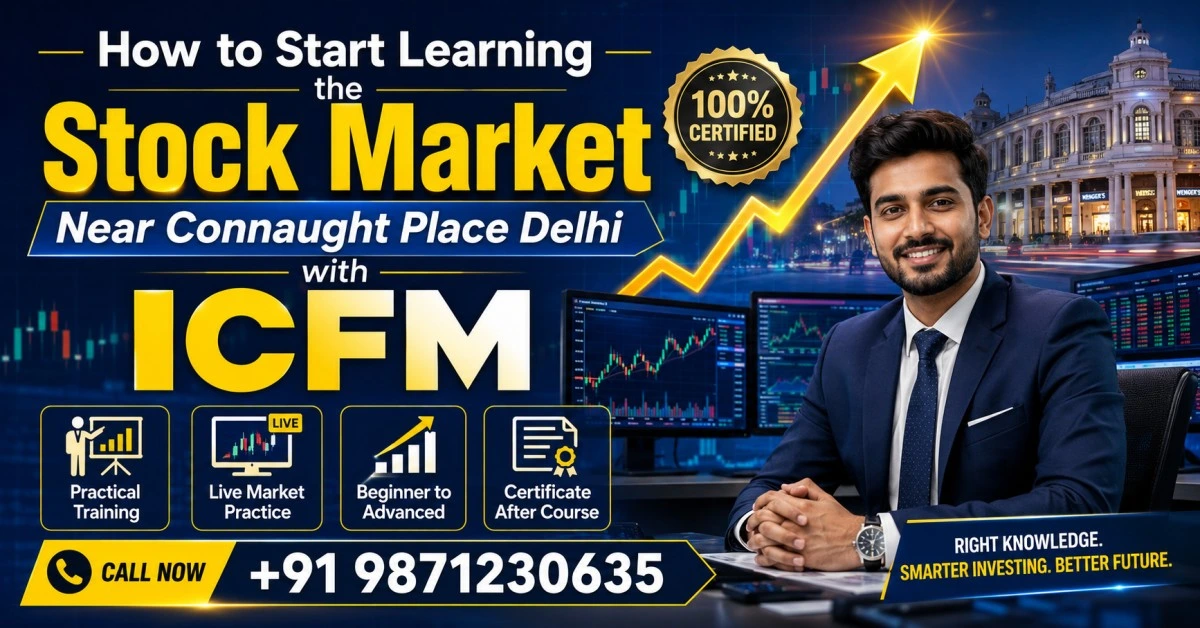 Students learning stock market trading and investment strategies at ICFM near Connaught Place Delhi